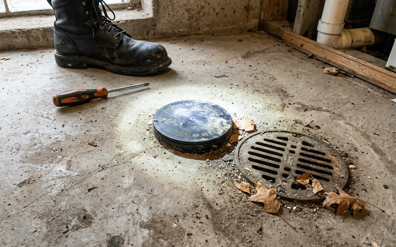 A backwater valve and floor drain in a basement