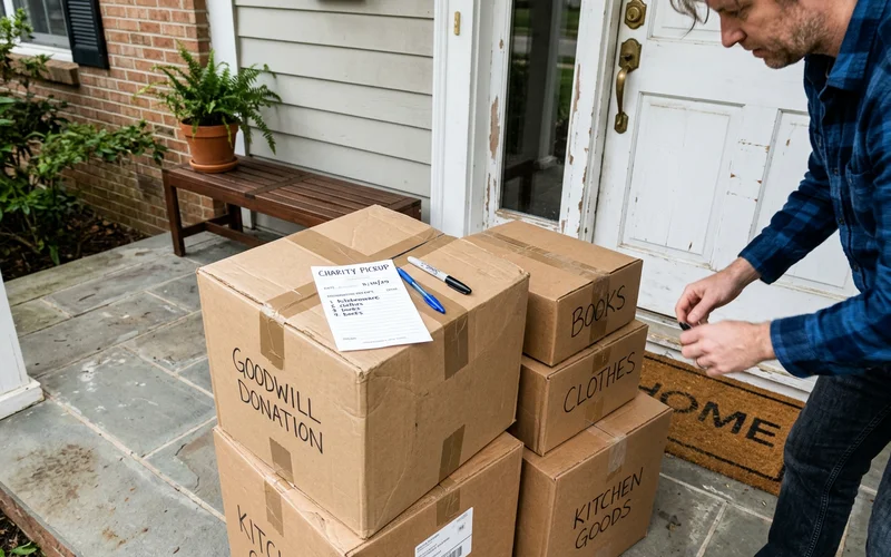 Donation receipt and boxed goods ready for charity pickup