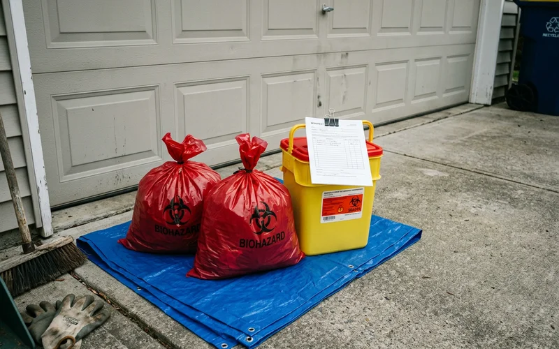Biohazard waste bags and a sharps container staged for licensed collection