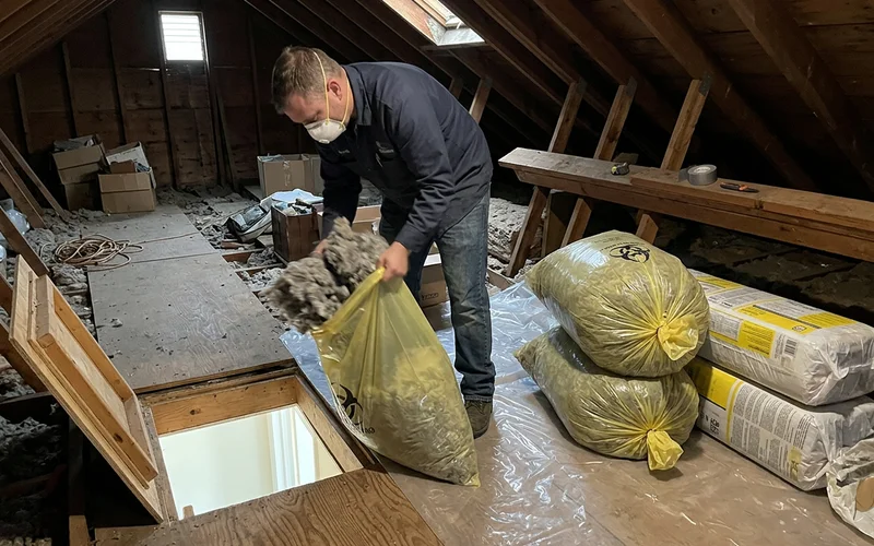 Contaminated insulation bagged beside clean replacement material