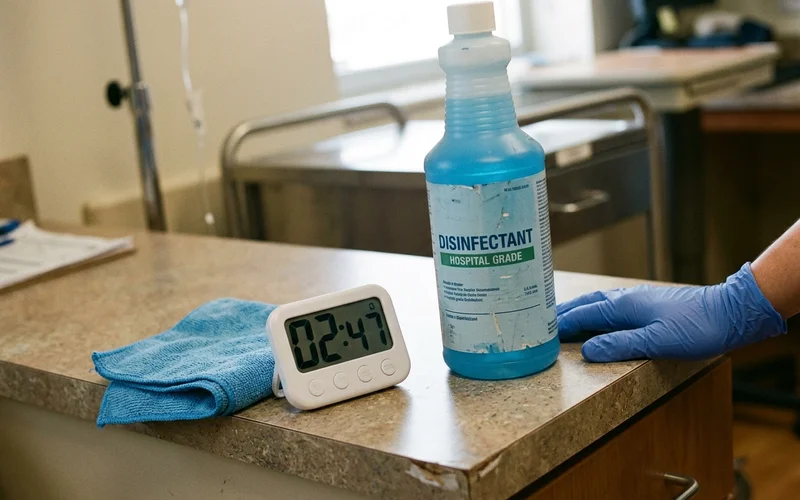 Disinfectant label and dwell timer on a clinical countertop
