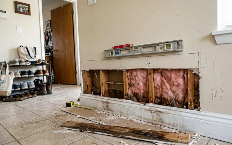 A flood cut line marked across drywall above a wet baseboard