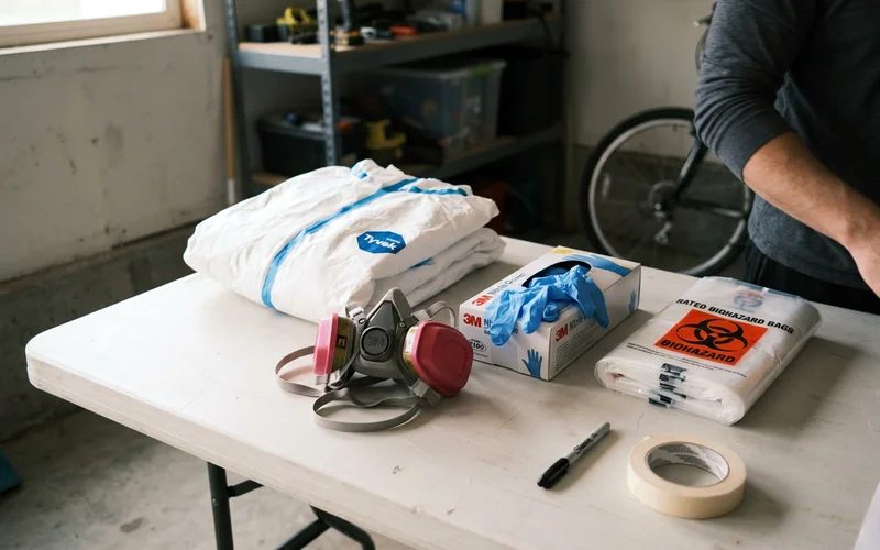 A full PPE kit laid out with respirator, suit, and biohazard bags