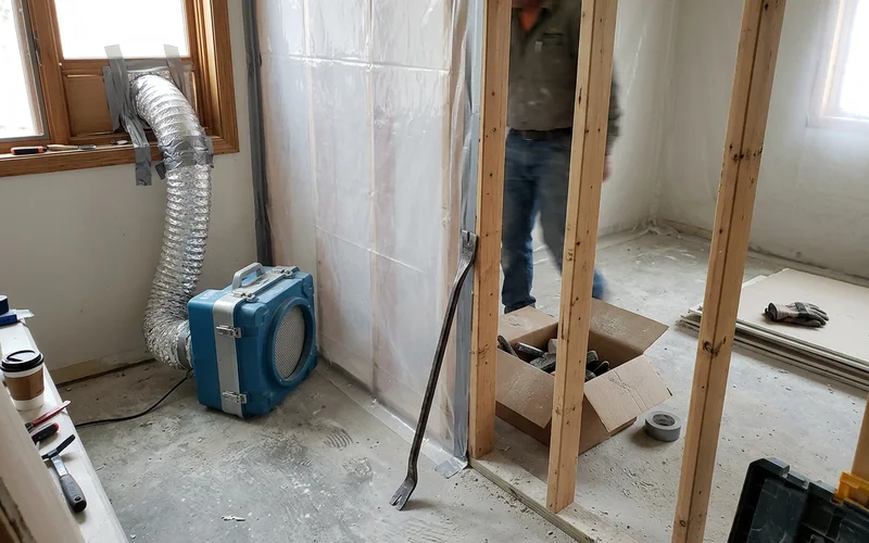 HEPA air scrubber with ducting running in a renovation area