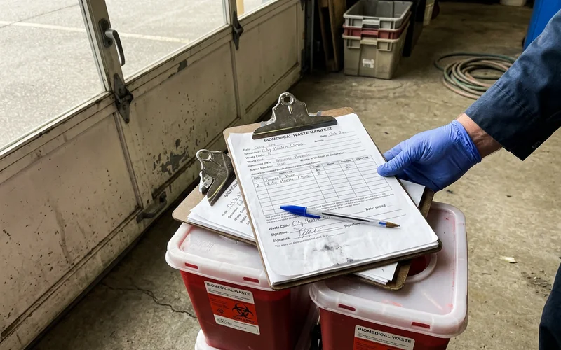 Licensed biomedical waste manifest on a clipboard beside sealed containers
