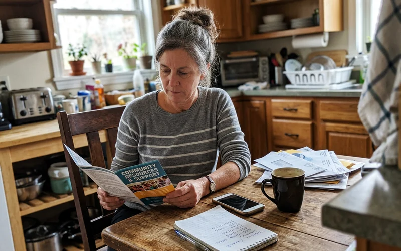Person reading a community resource pamphlet at a kitchen table