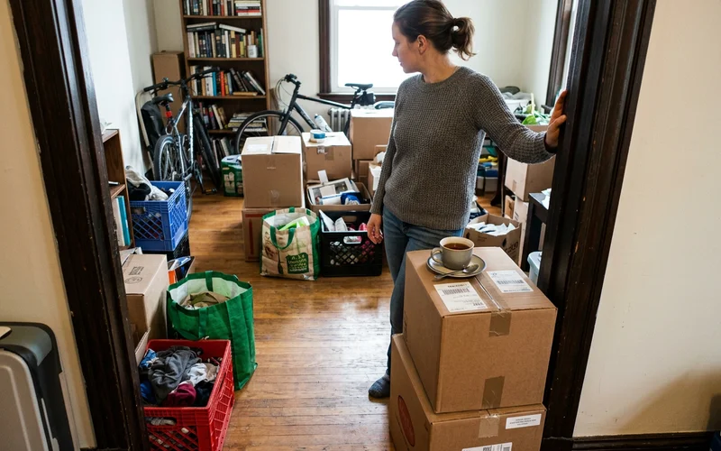 Person standing in the doorway of a cluttered room