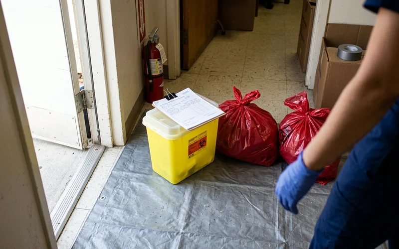 Sharps container and biohazard bags staged for licensed collection