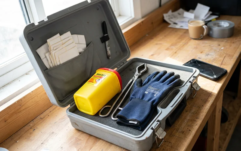 Sharps container and puncture-resistant gloves ready for use