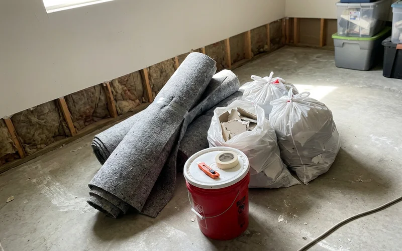 Contaminated carpet and drywall bagged for disposal