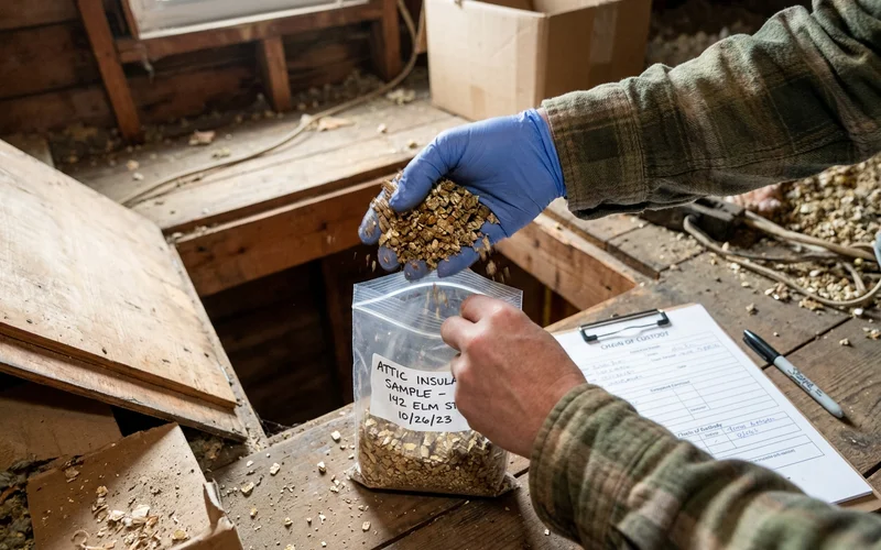Suspect vermiculite insulation being sampled for laboratory analysis