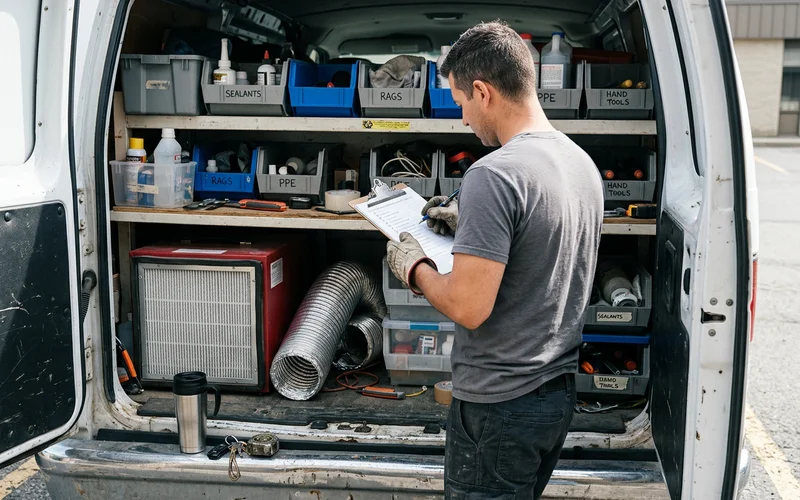 Technician checking equipment inventory inside a stocked service van