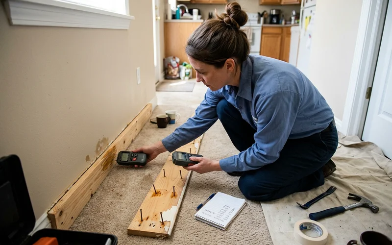 Technician checking moisture behind a baseboard with a meter