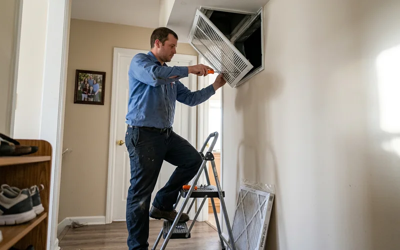 Cleaning an HVAC return and replacing a filter during decontamination