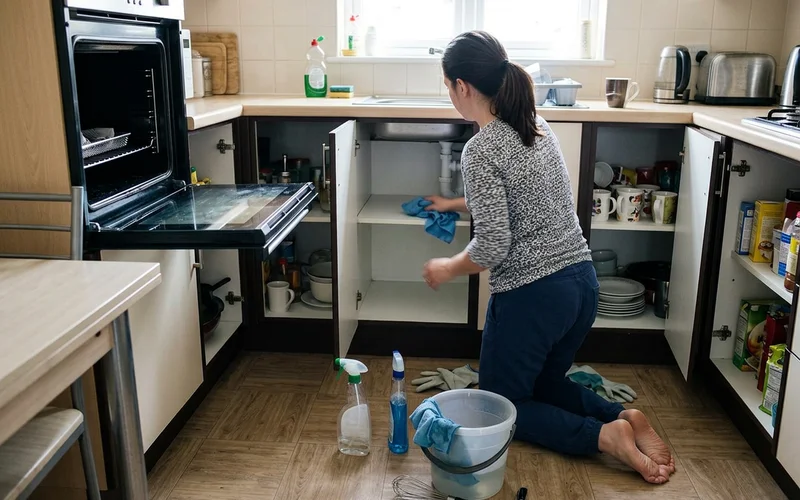 Deep cleaning kitchen cabinets and appliances in an emptied home