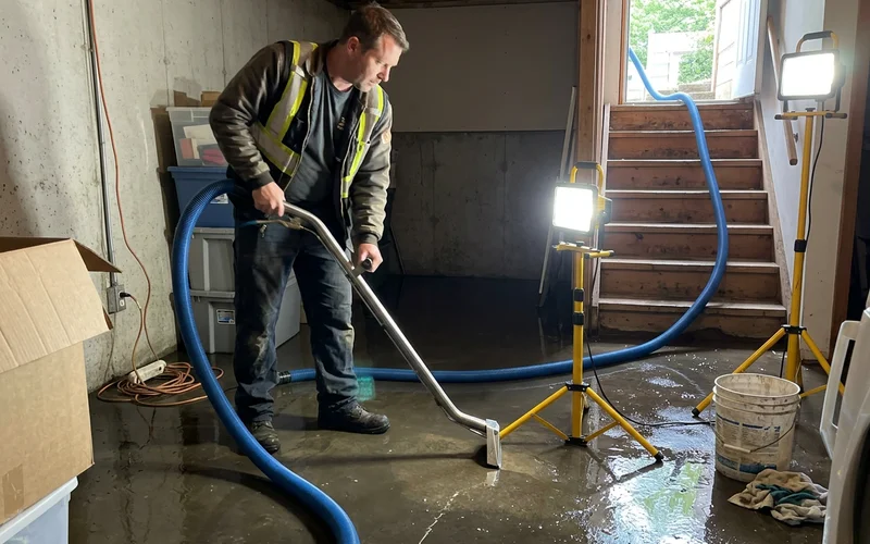 Technician extracting water from a flooded basement