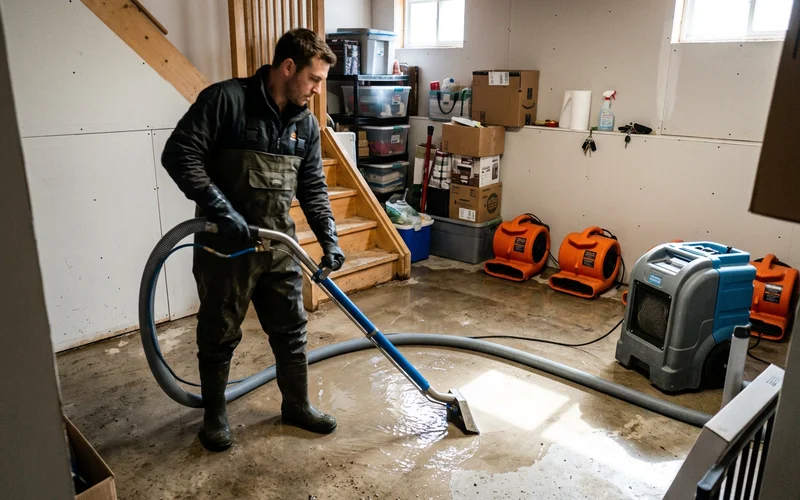 Technician extracting water from a flooded basement