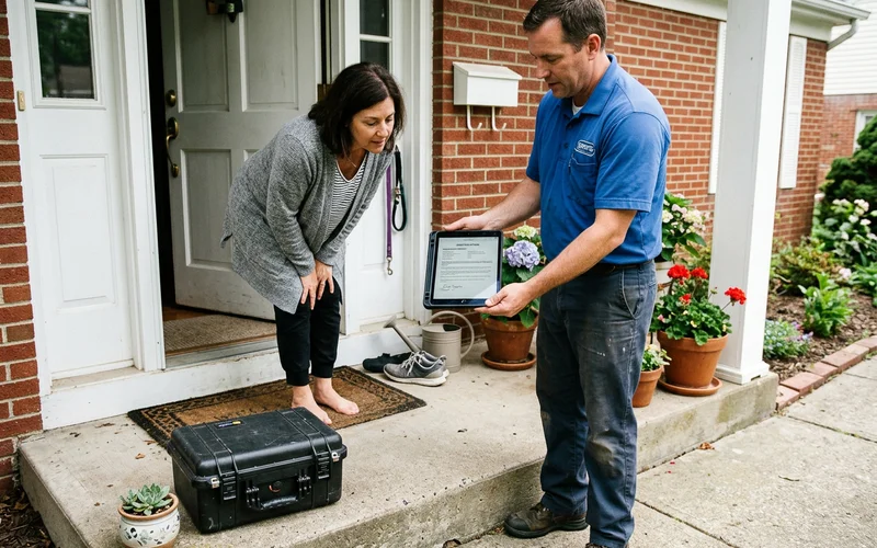 Technician showing certification documents to a homeowner