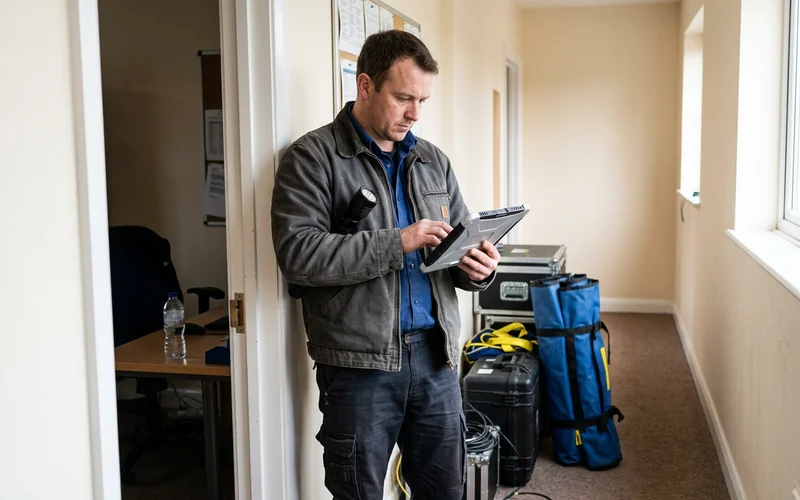 Technician writing an on-site assessment scope