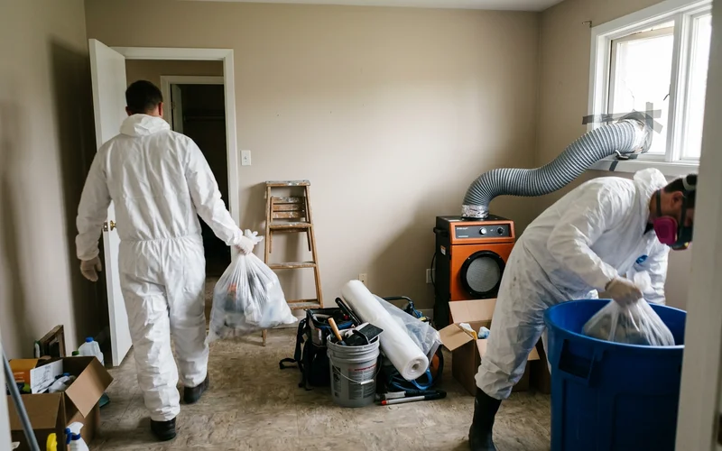 Technicians in protective equipment clearing a room
