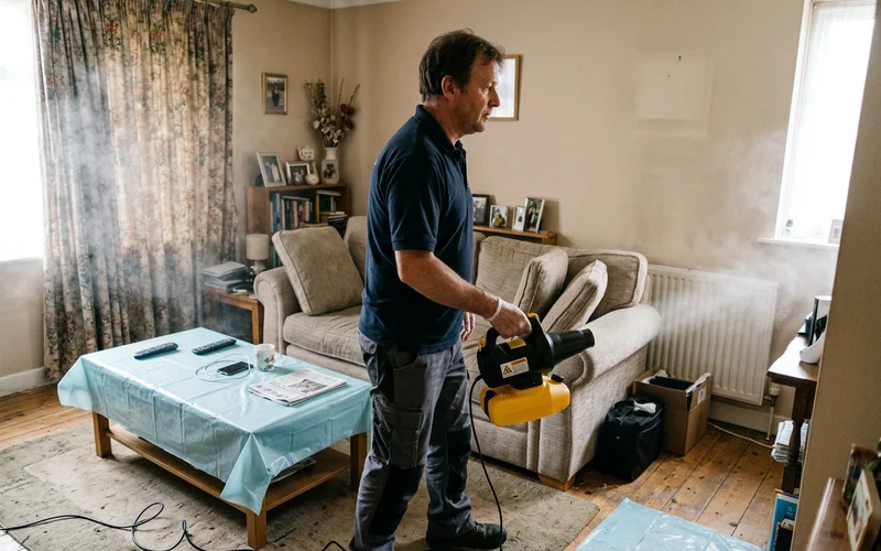 ULV fogging equipment distributing treatment into a room