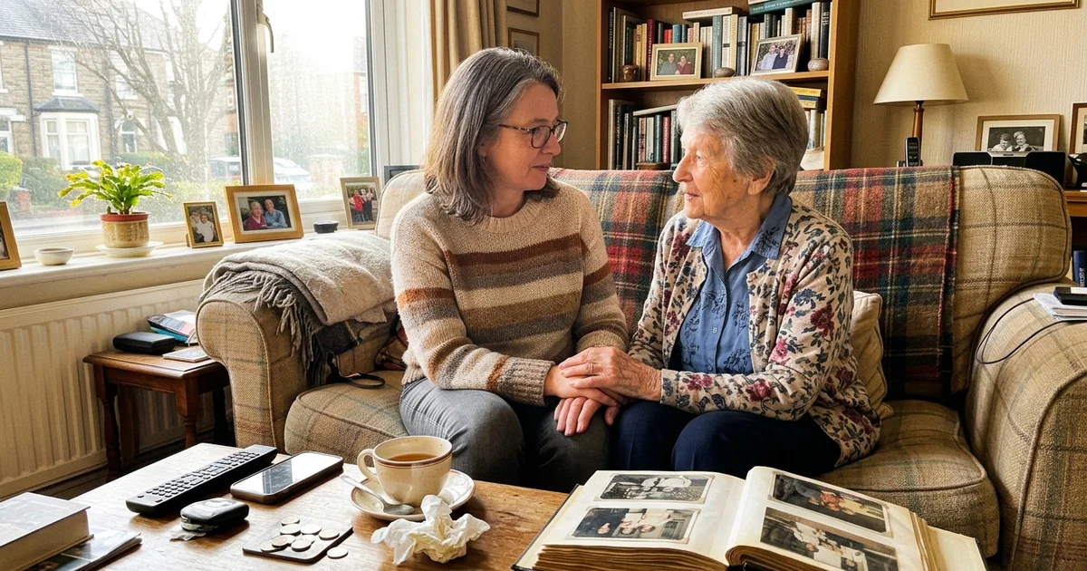 An adult child and elderly parent talking together in a living room
