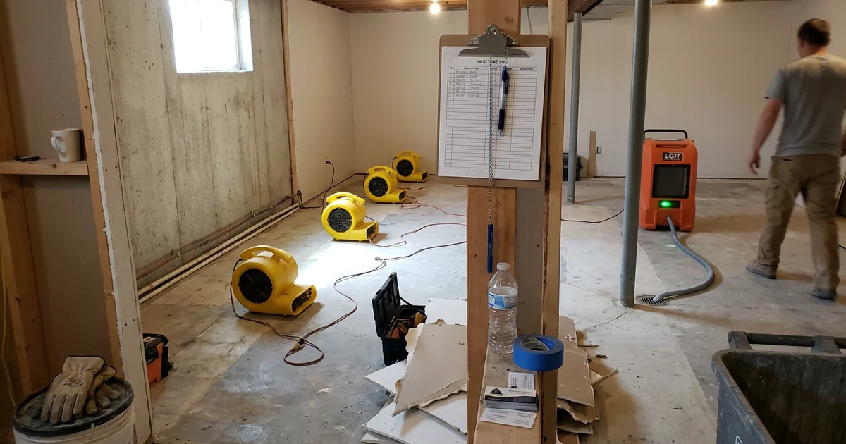 Air movers and a dehumidifier running during structural drying