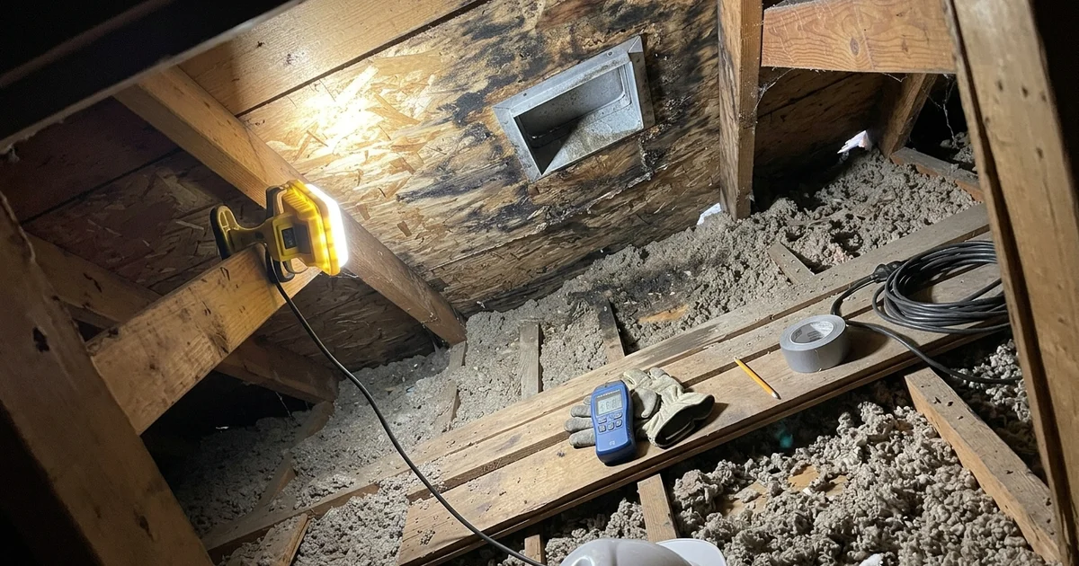 Dark mould staining on attic rafters near a vent