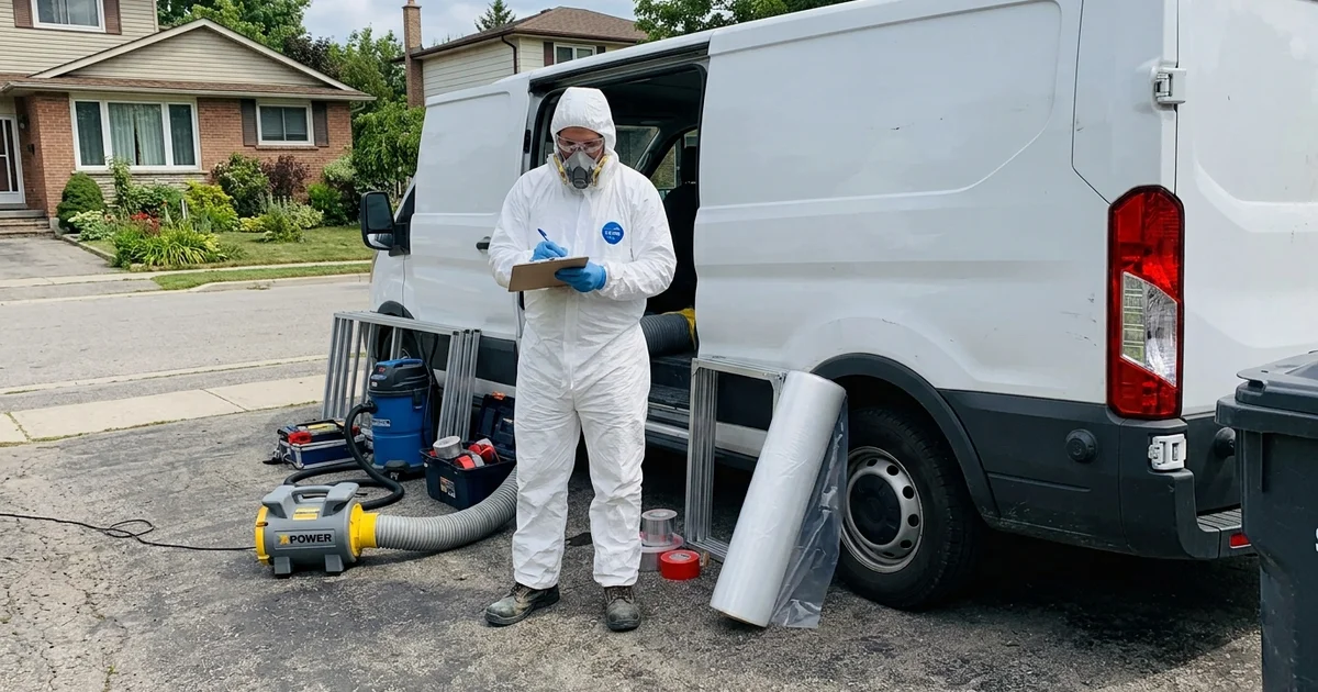 Certified technician with containment equipment beside an unmarked van