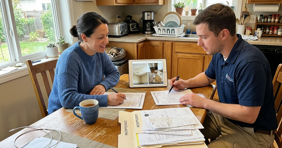 Homeowner and technician reviewing insurance claim paperwork together