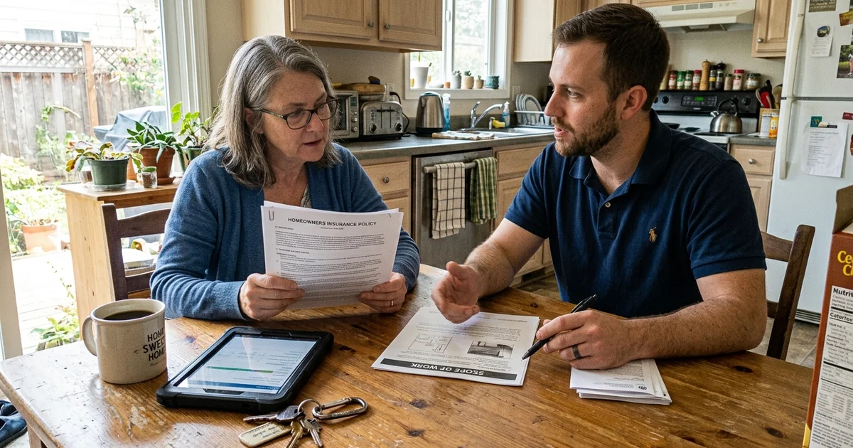 Homeowner reviewing insurance documents with a remediation technician at a kitchen table
