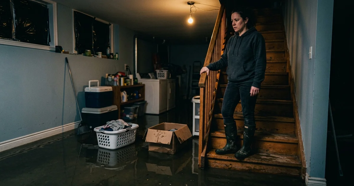 Homeowner looking at standing water in a flooded basement