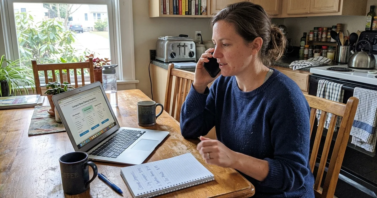 Person comparing remediation companies on a laptop while on the phone