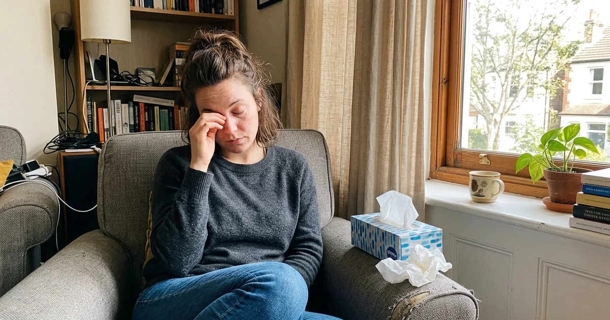 Person experiencing allergy-type symptoms indoors near a window