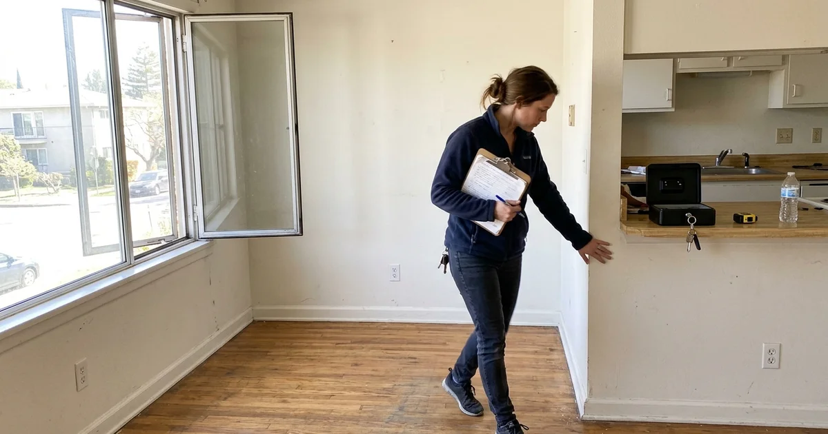 Property manager inspecting an emptied rental unit with a clipboard