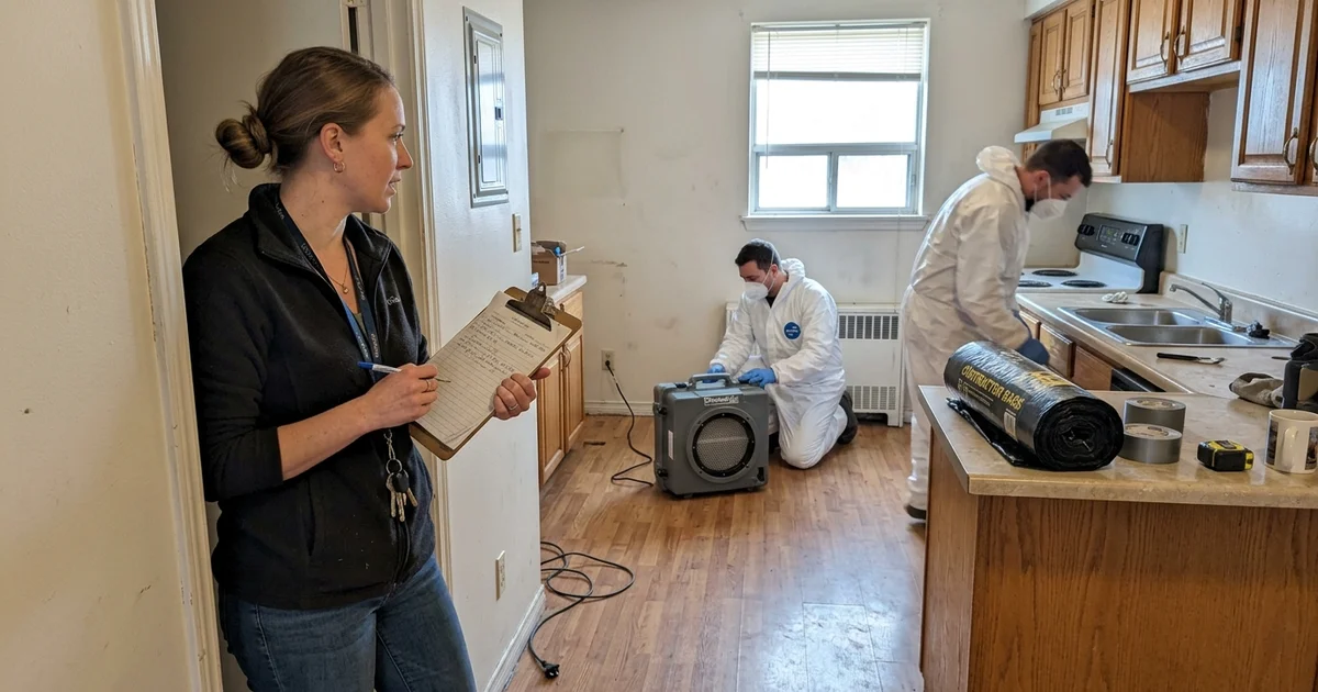 Property manager inspecting a cleared rental unit while technicians work
