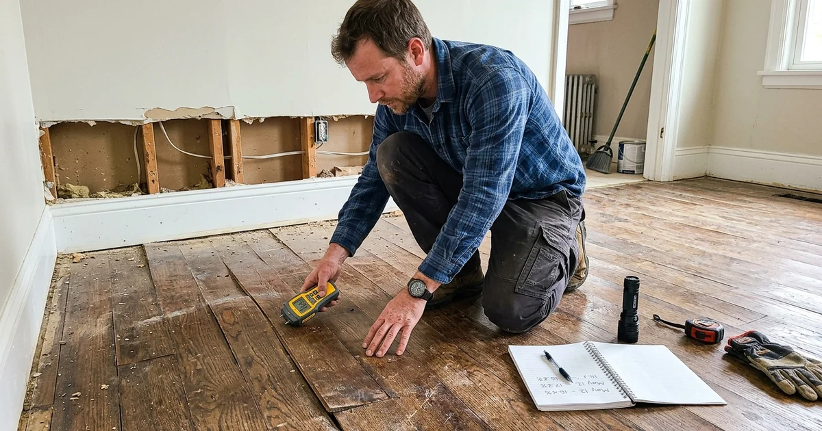 Technician assessing water-damaged flooring and drywall with a moisture meter