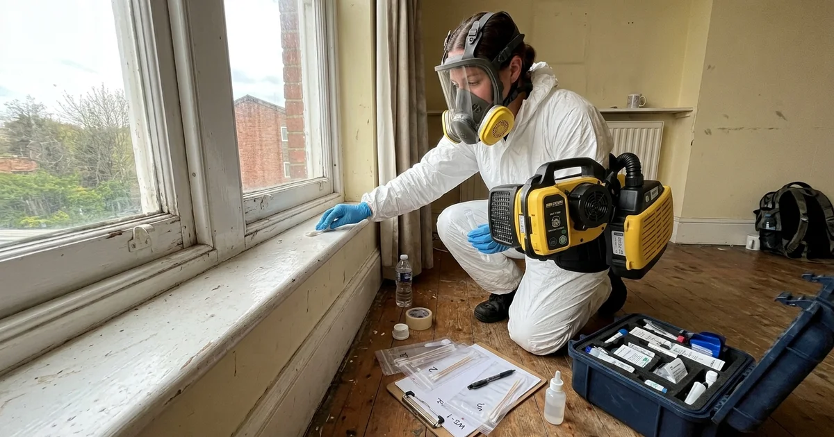 Technician in full-face respirator performing surface wipe sampling