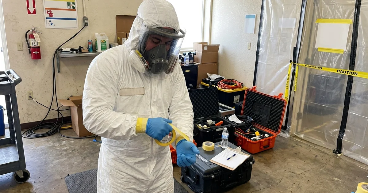 Technician in full protective equipment preparing to enter a contained work area