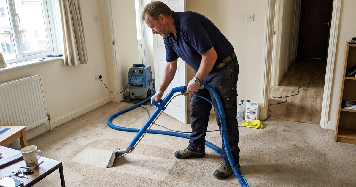 Technician treating a carpet with extraction equipment for odour