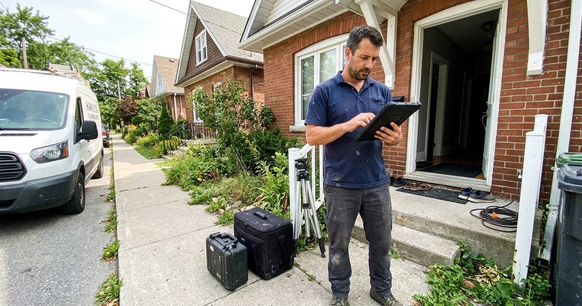 Technician preparing a written estimate outside a residential property