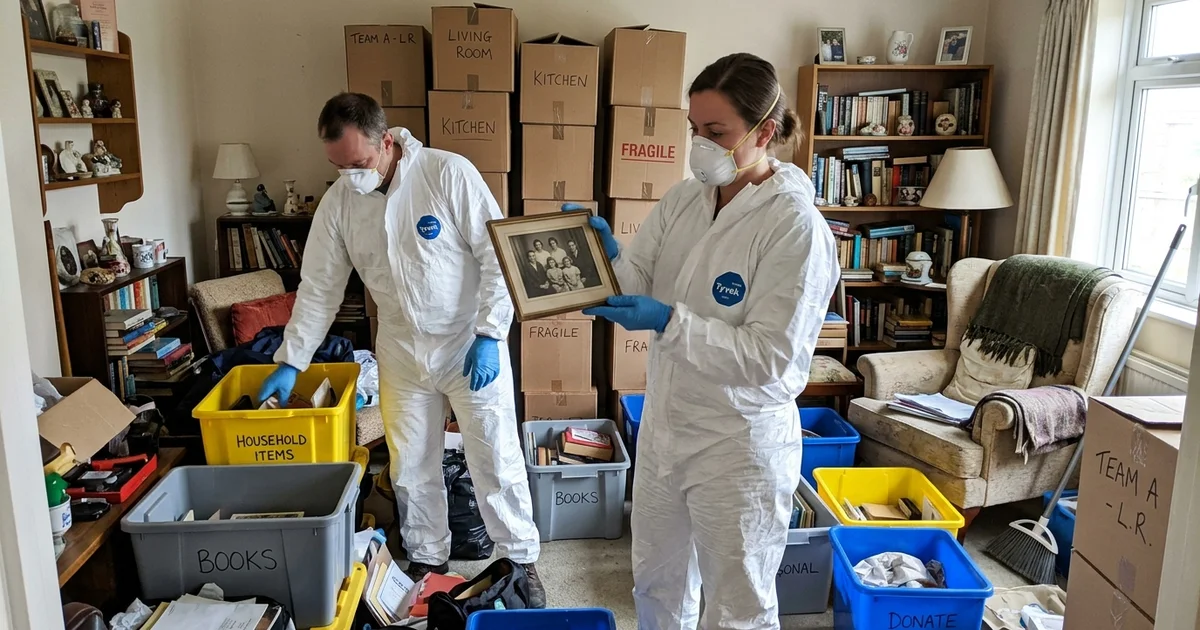 Technicians sorting belongings into labelled bins during a hoarding cleanup