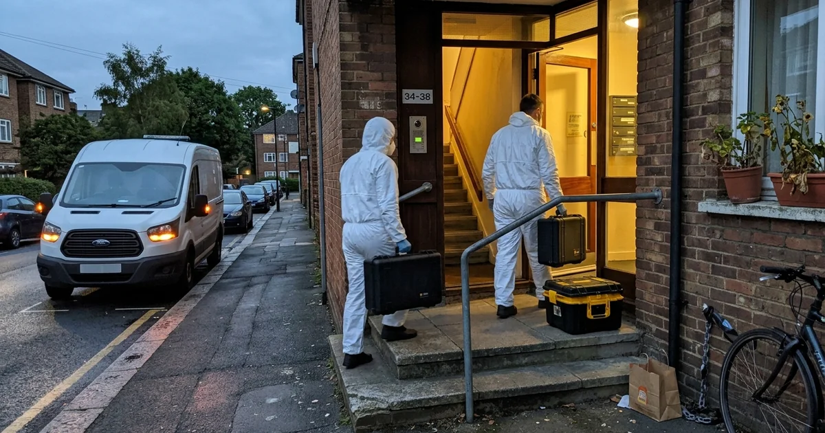 Technicians discreetly carrying equipment into a residential building