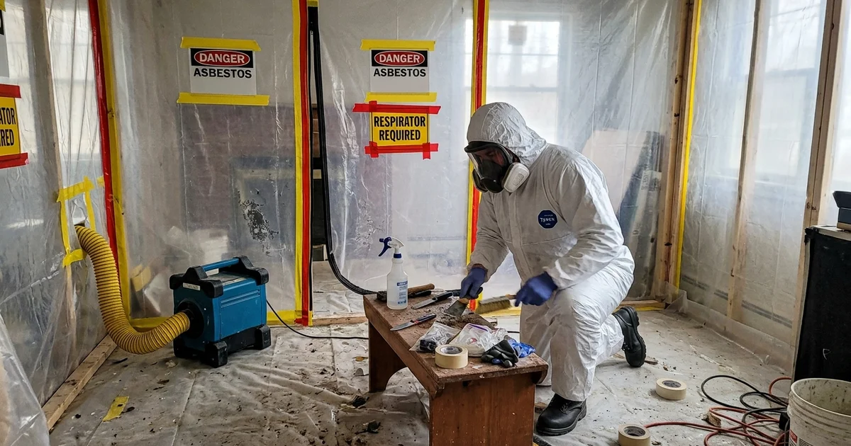 Worker inside a sealed asbestos containment enclosure