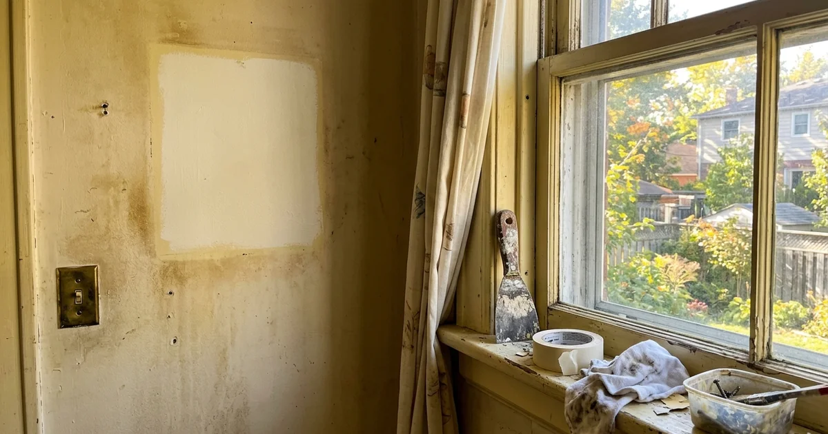 Yellowed tobacco staining on a wall and window frame