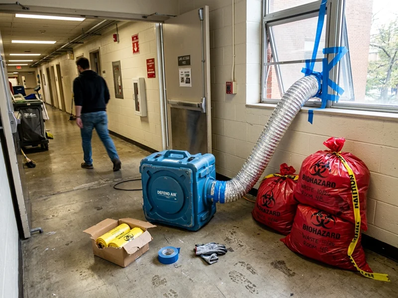 HEPA air scrubber running beside sealed biohazard waste bags