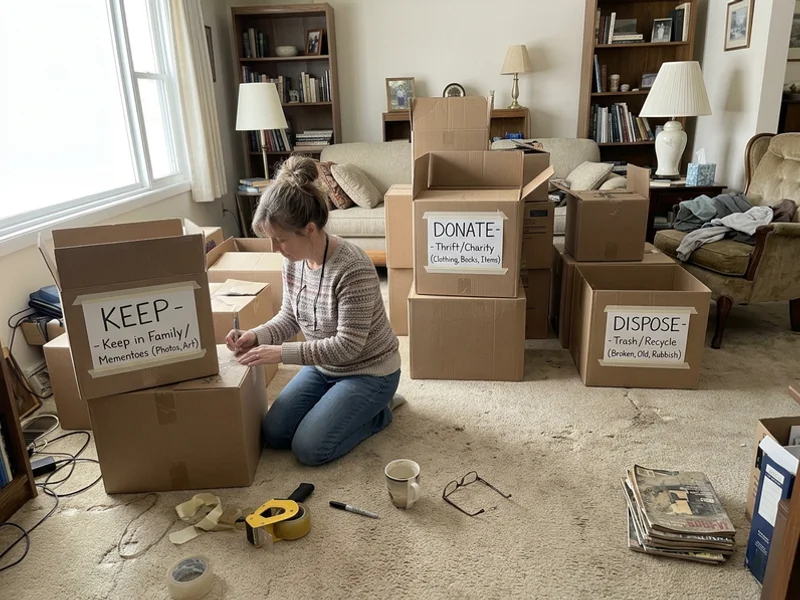 Contents sorted into keep, donate, and dispose groups