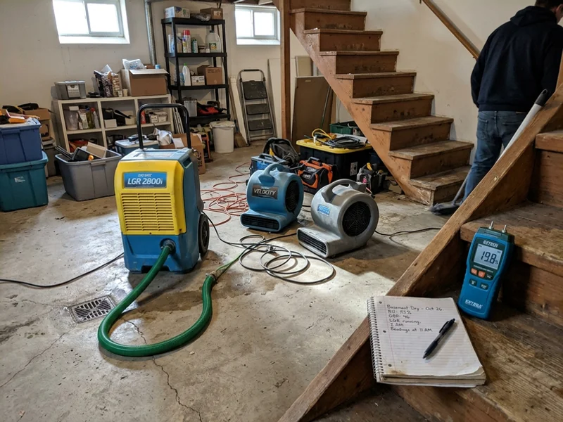 Dehumidifier and air movers drying a basement