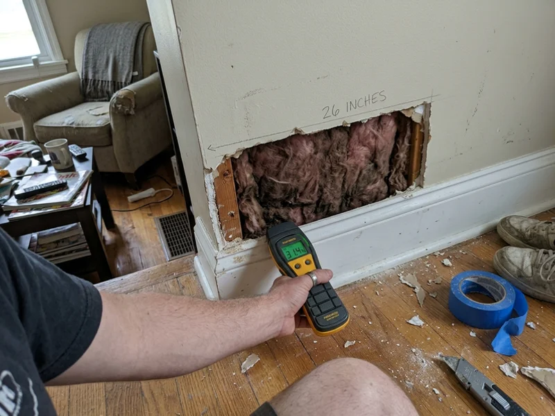 Moisture meter reading at a baseboard after a flood cut