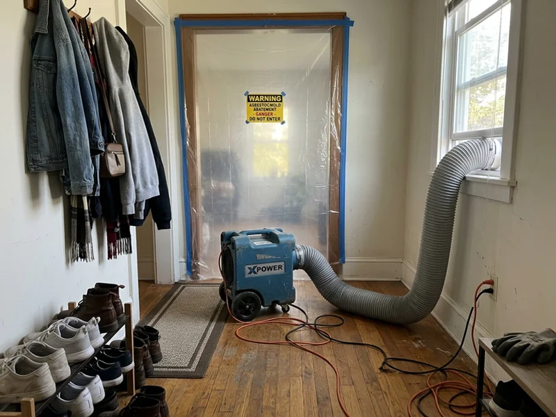 Negative air machine and containment barrier in a residential hallway